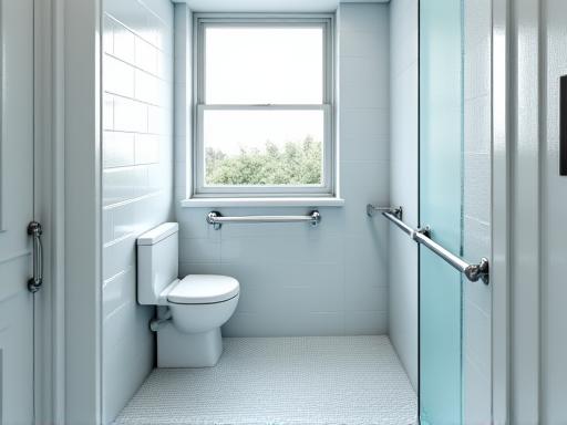 Bilik mandi yang telah diubah suai dengan palang pemegang dan tempat duduk pancuran.